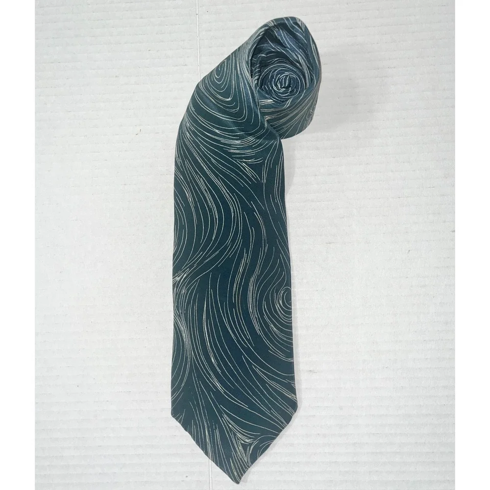 John Henry Necktie Mens Silk Crepe Teal Blue White Swirl Abstract Pattern USA